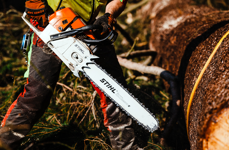 Waldarbeiter mit Stihl Kettensäge